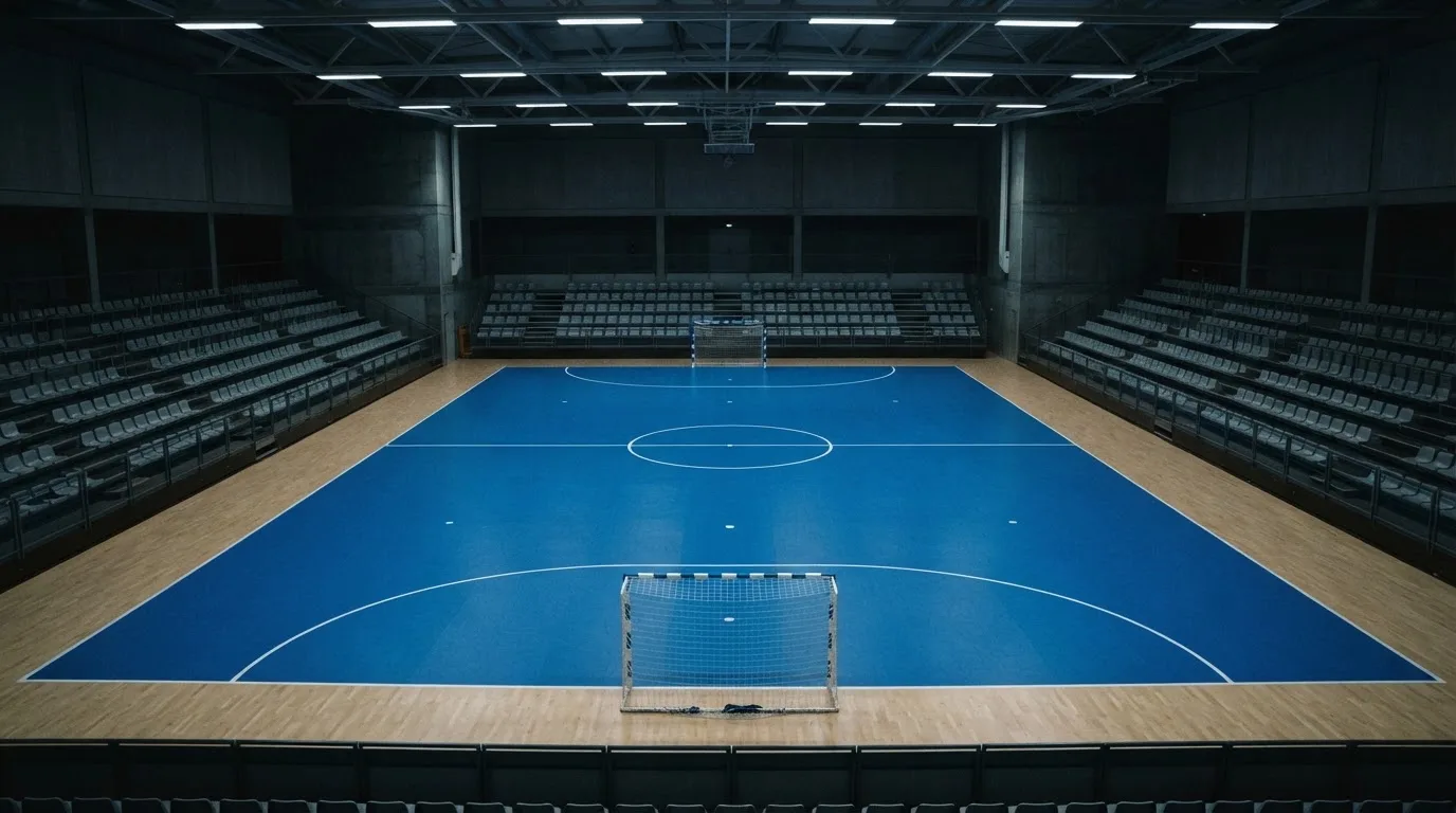 An empty football stadium with floodlight masts at dusk