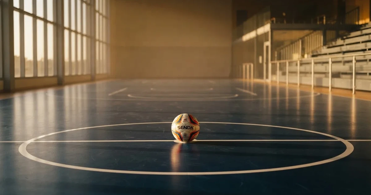 A ball on the centre spot of a grass pitch in morning light