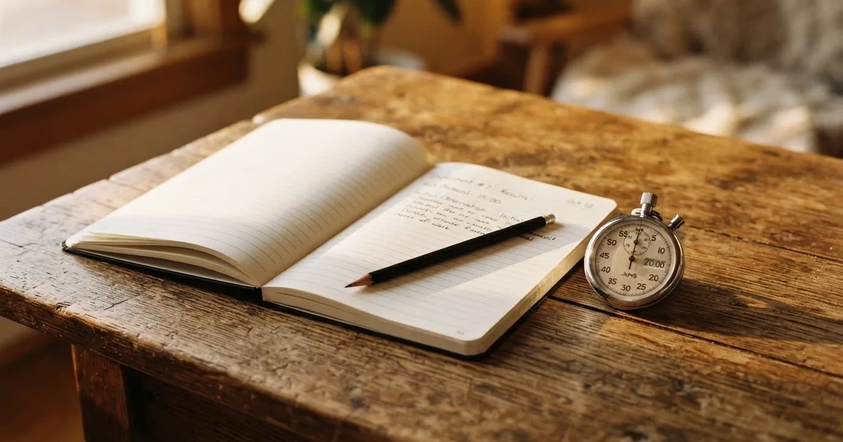 An open notebook with a pencil and a stopwatch on a wooden table