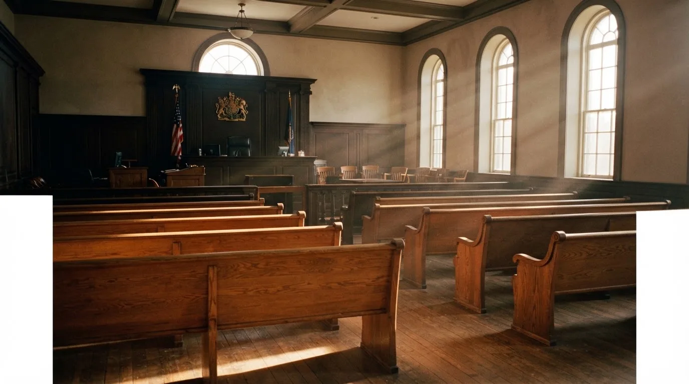 An empty courtroom with wooden benches in morning light