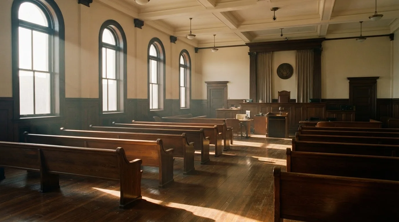 An empty courtroom with wooden benches in morning light