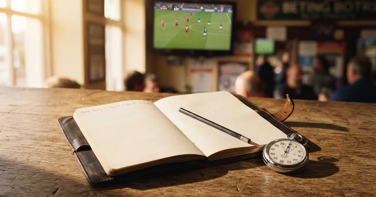 An open notebook with a pencil and a stopwatch on a wooden table