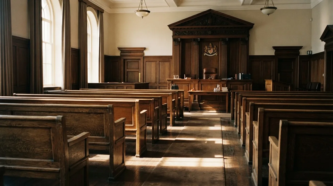 An empty courtroom with wooden benches in morning light