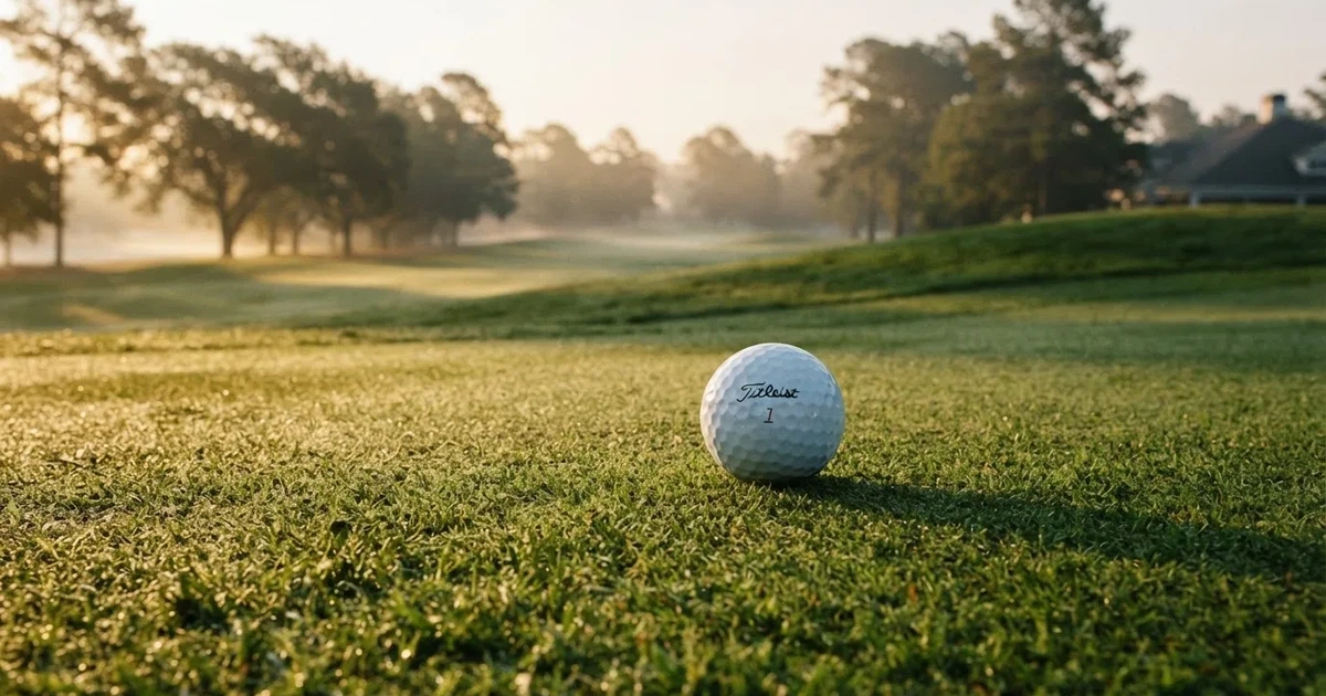 A ball on the centre spot of a grass pitch in morning light