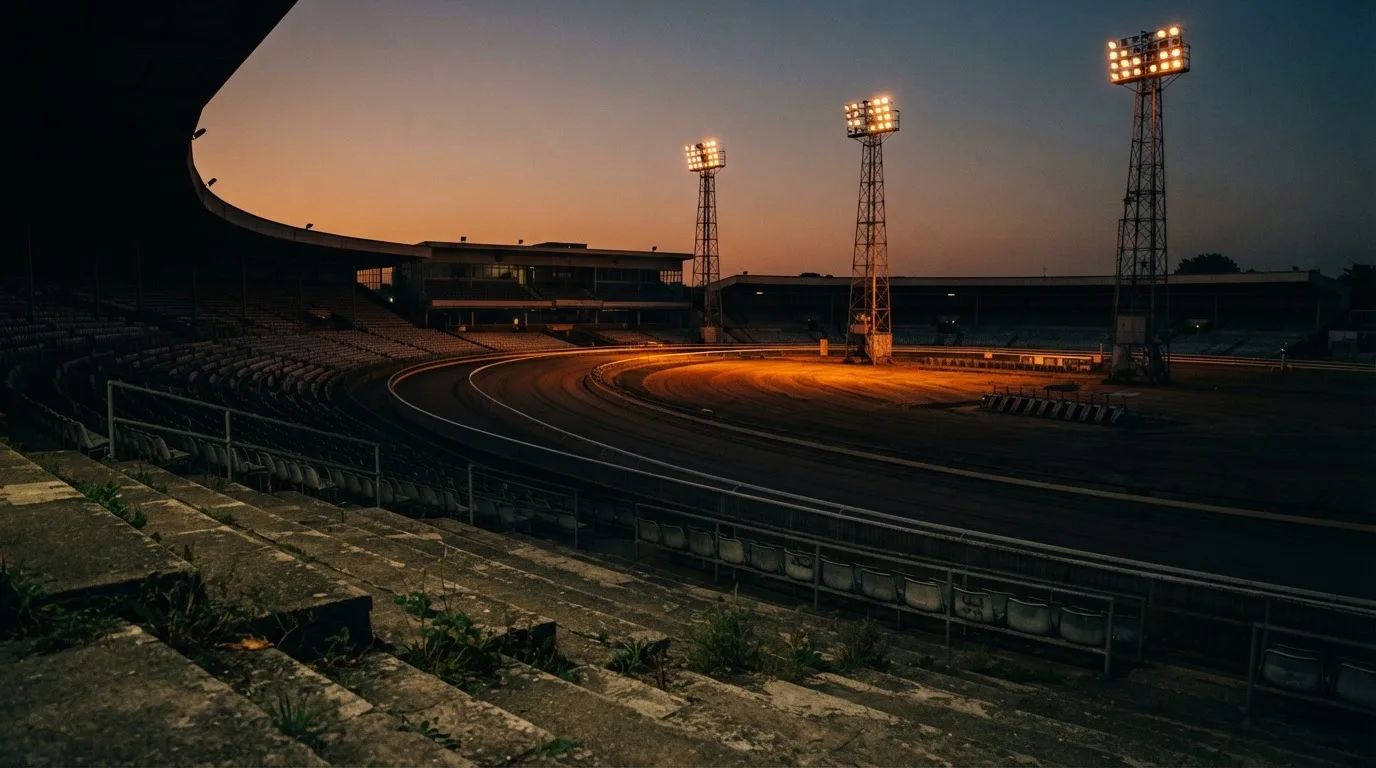 An empty football stadium with floodlight masts at dusk
