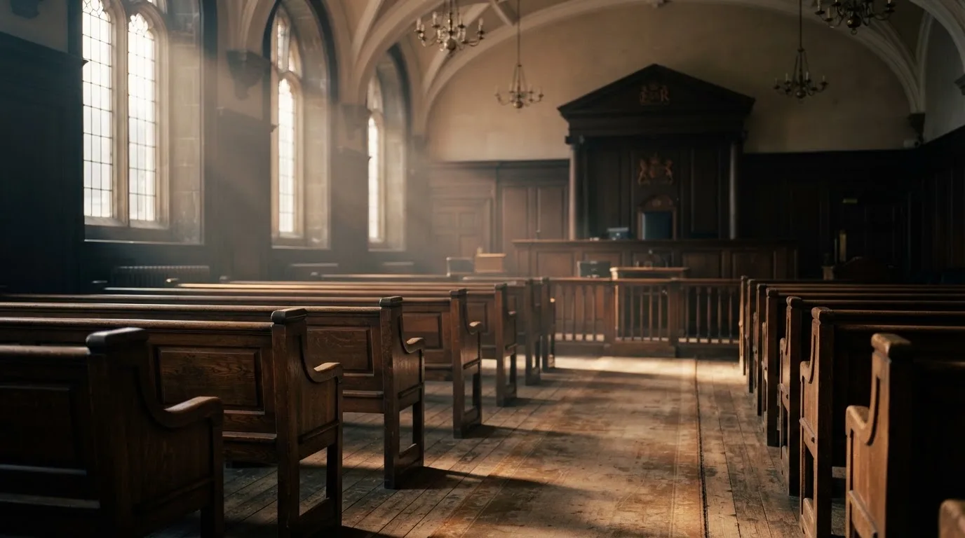 An empty courtroom with wooden benches in morning light