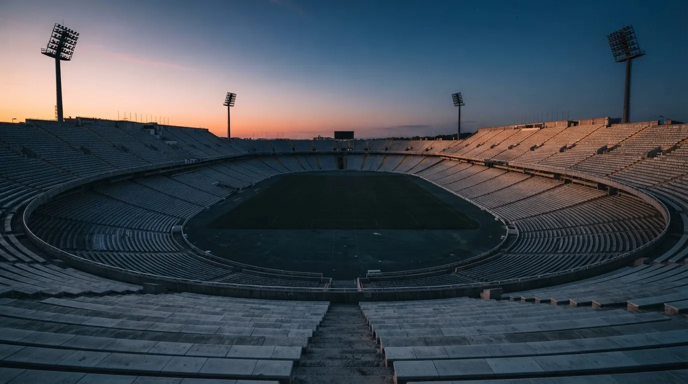 An empty football stadium with floodlight masts at dusk