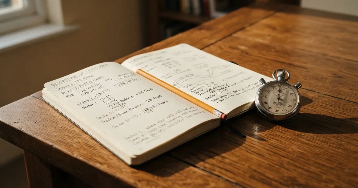 An open notebook with a pencil and a stopwatch on a wooden table