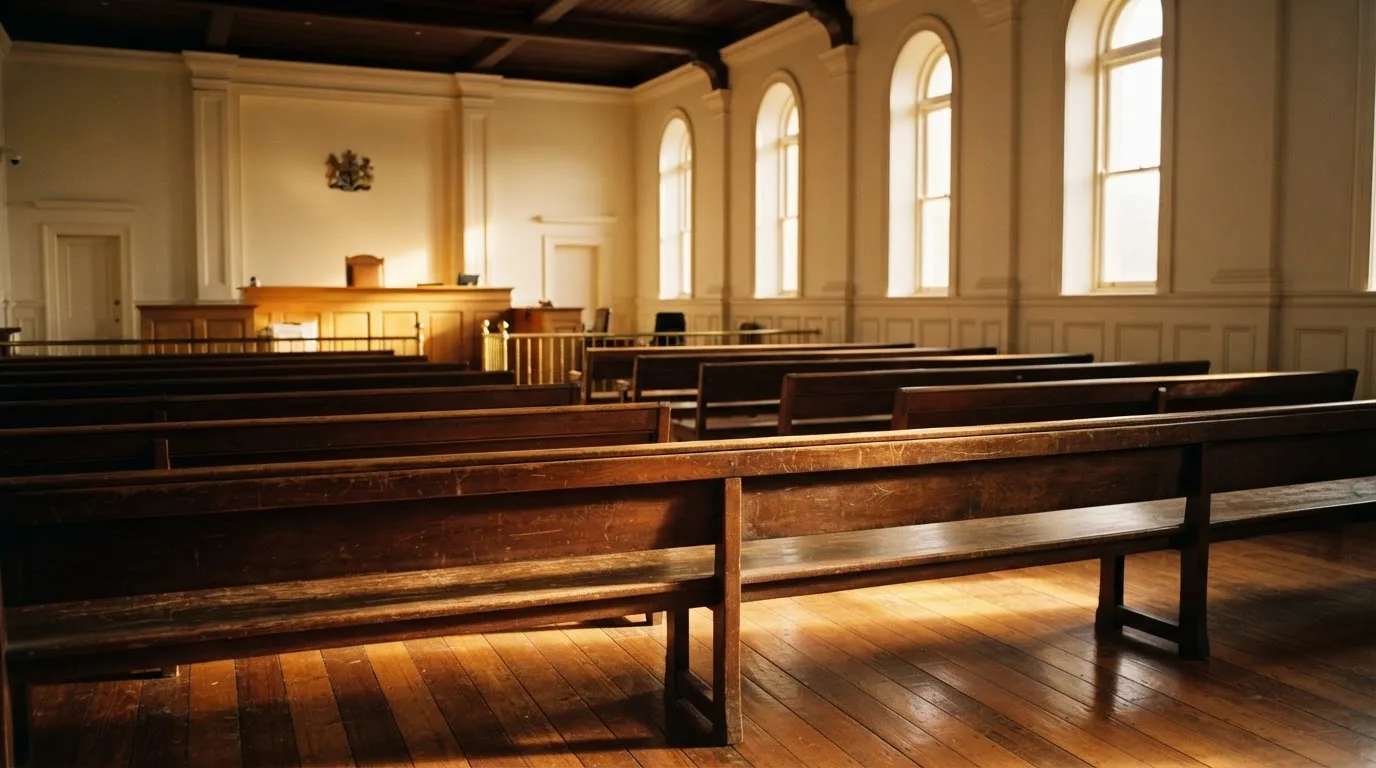 An empty courtroom with wooden benches in morning light