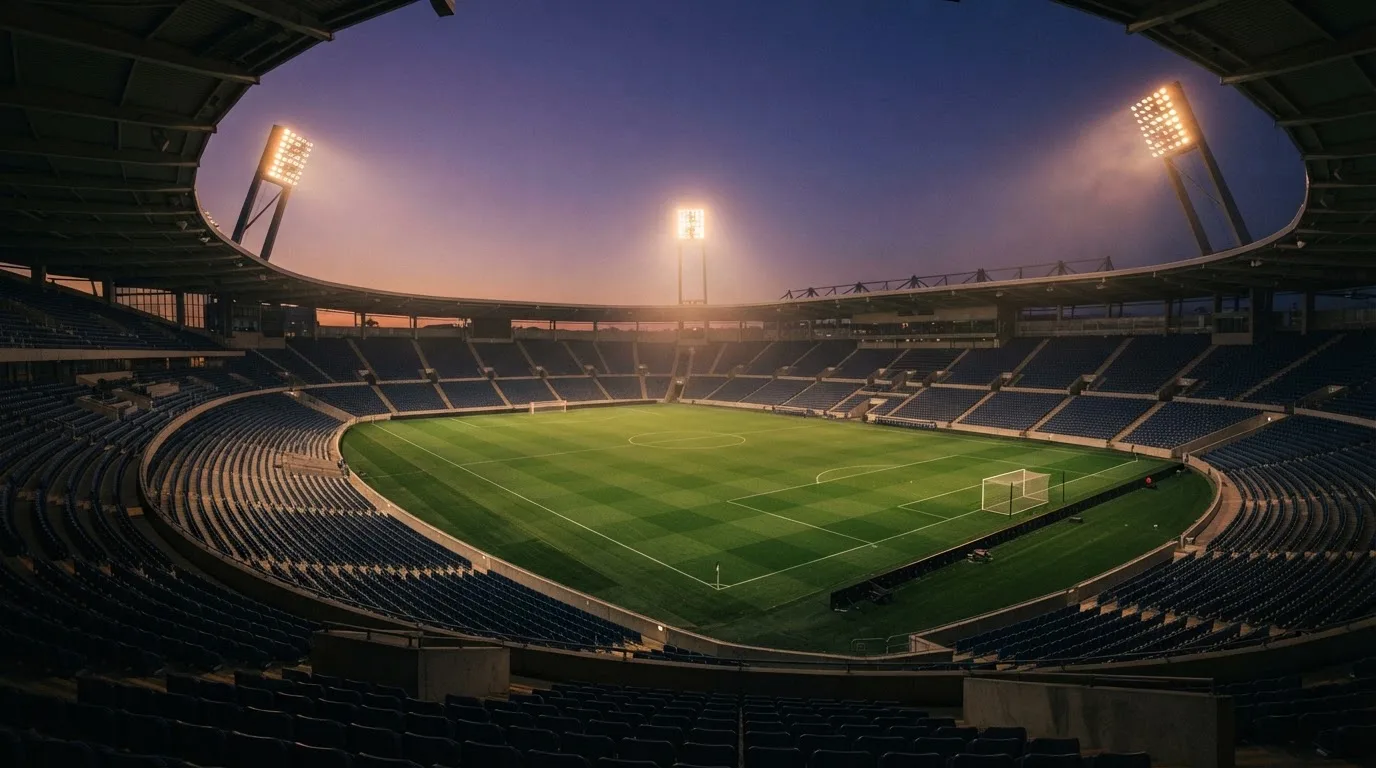 An empty football stadium with floodlight masts at dusk