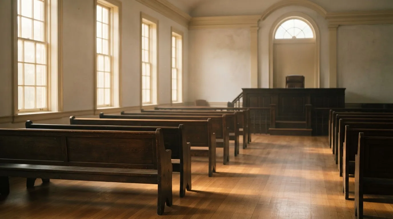 An empty courtroom with wooden benches in morning light