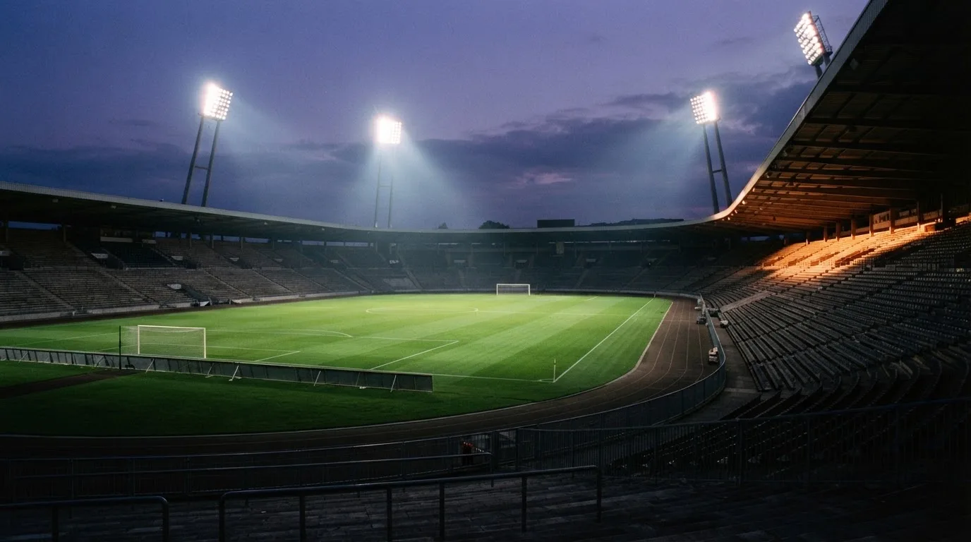 An empty football stadium with floodlight masts at dusk