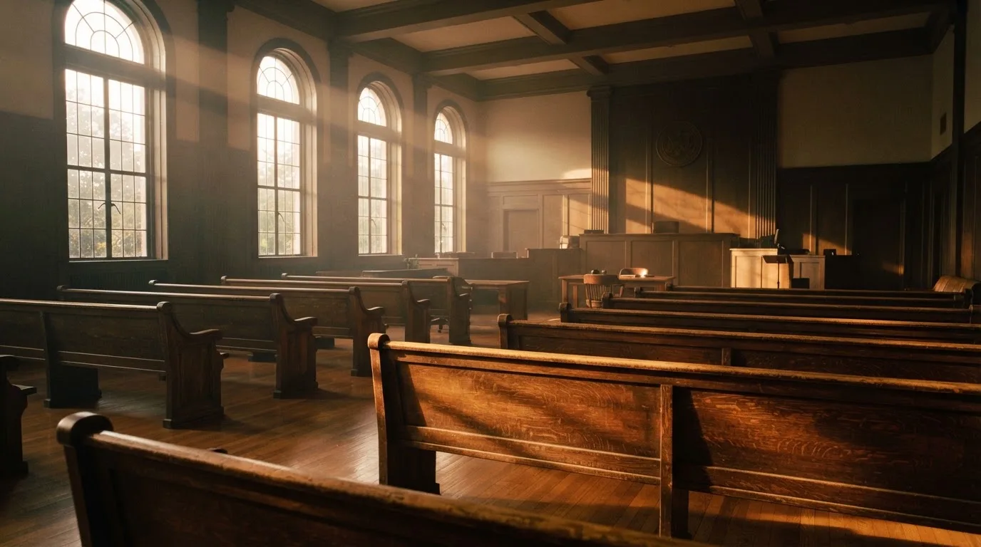 An empty courtroom with wooden benches in morning light