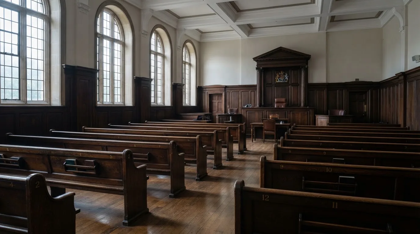 An empty courtroom with wooden benches in morning light