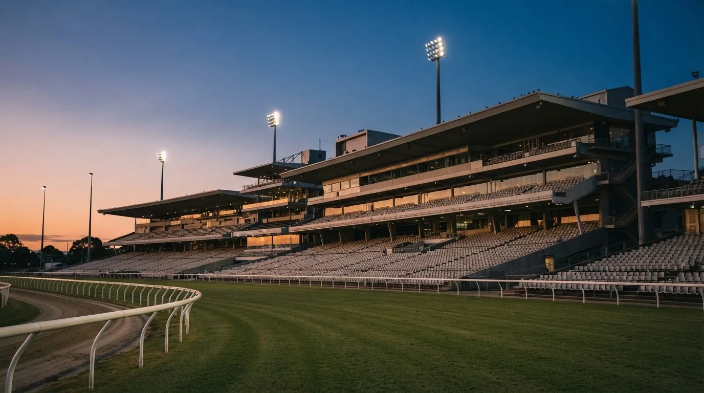 An empty football stadium with floodlight masts at dusk