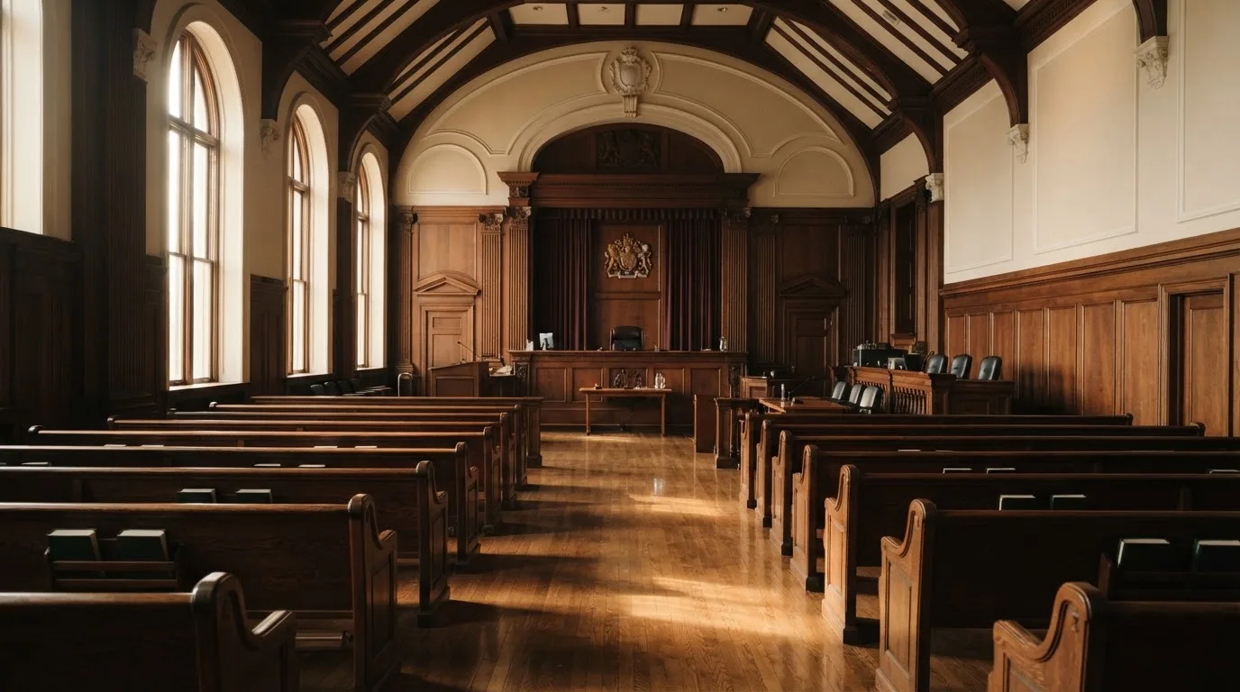 An empty courtroom with wooden benches in morning light