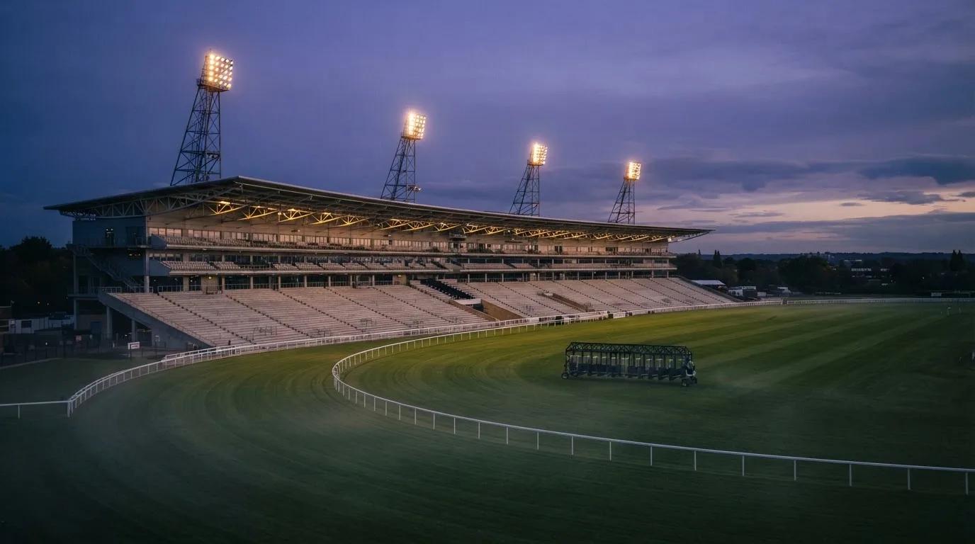 An empty football stadium with floodlight masts at dusk