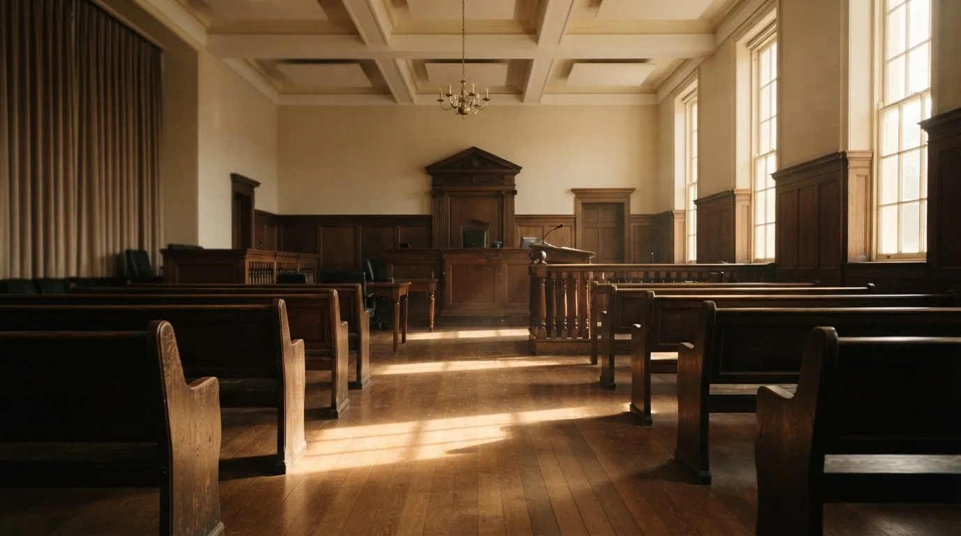 An empty courtroom with wooden benches in morning light
