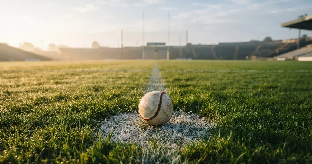 A ball on the centre spot of a grass pitch in morning light