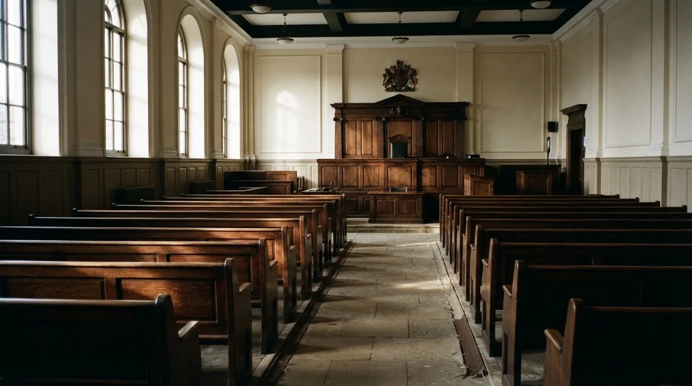 An empty courtroom with wooden benches in morning light