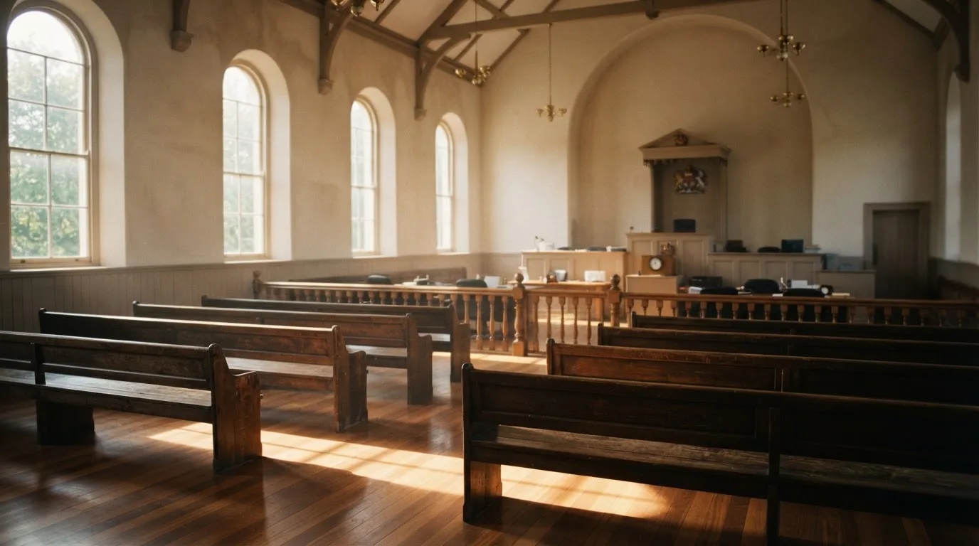 An empty courtroom with wooden benches in morning light