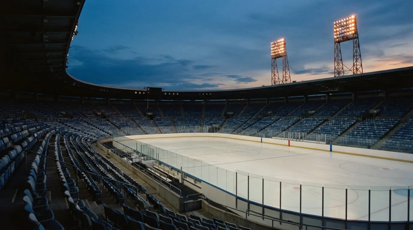An empty football stadium with floodlight masts at dusk