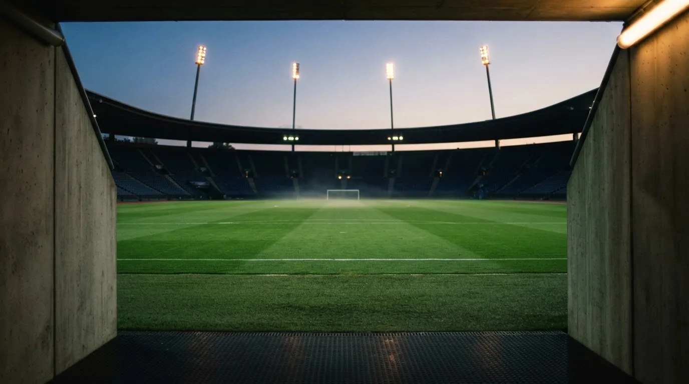 An empty football stadium with floodlight masts at dusk