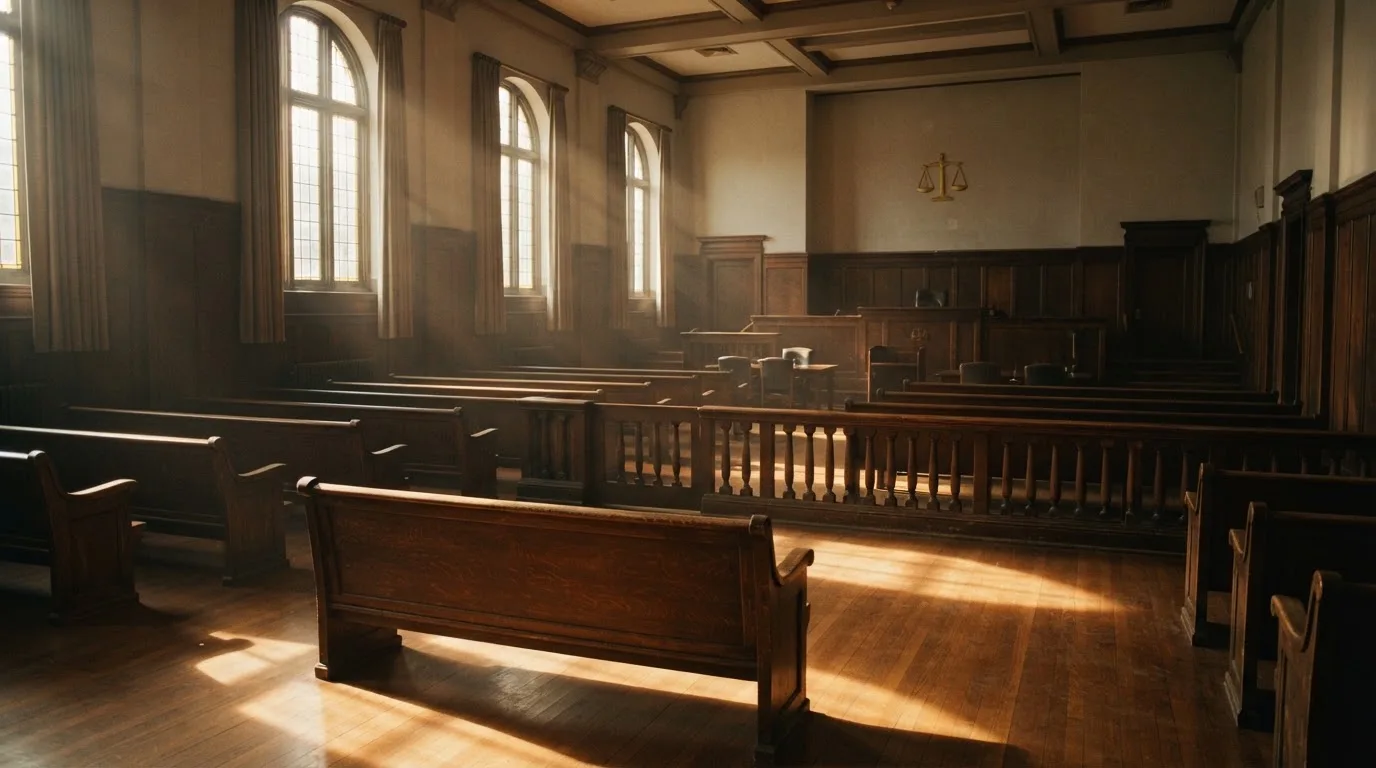 An empty courtroom with wooden benches in morning light