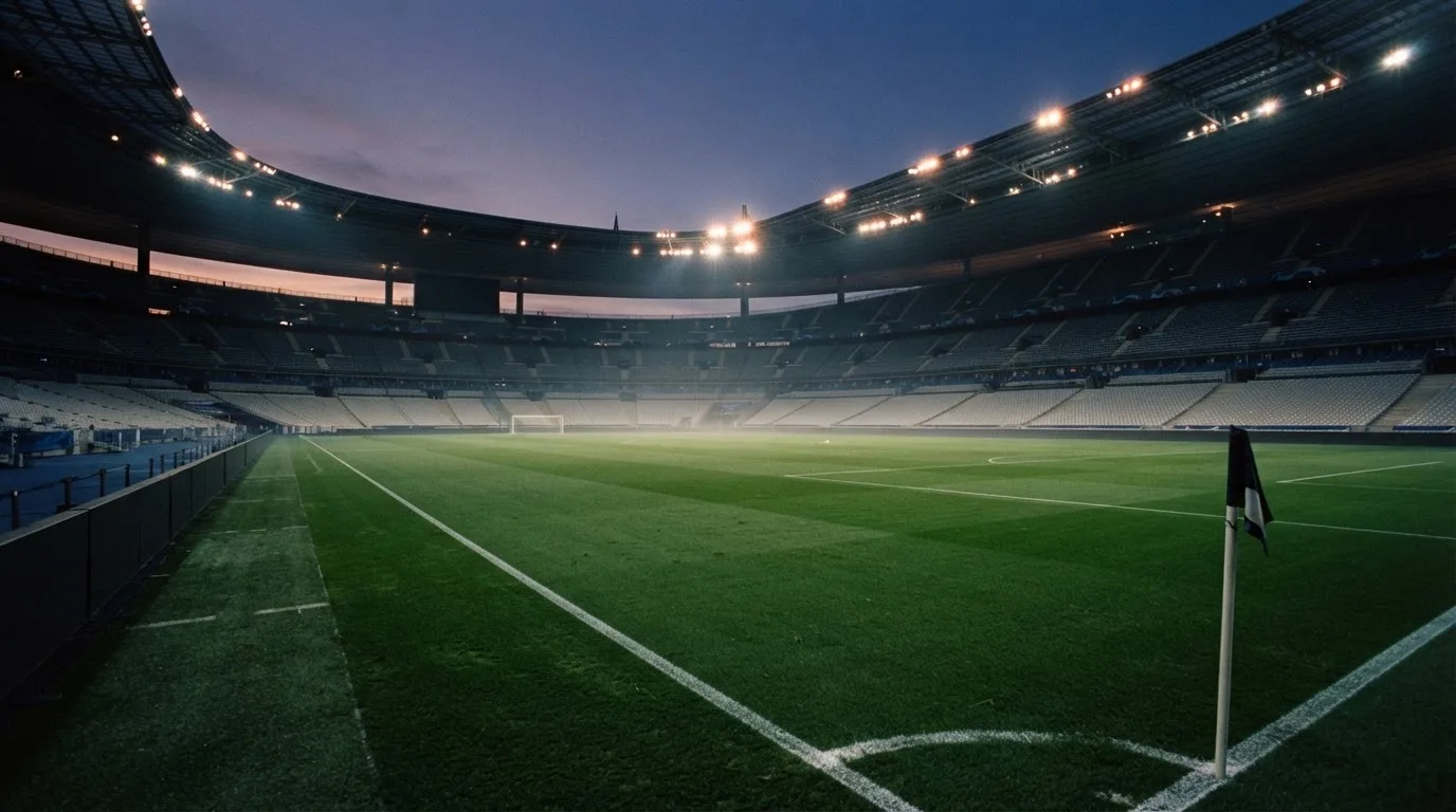 An empty football stadium with floodlight masts at dusk