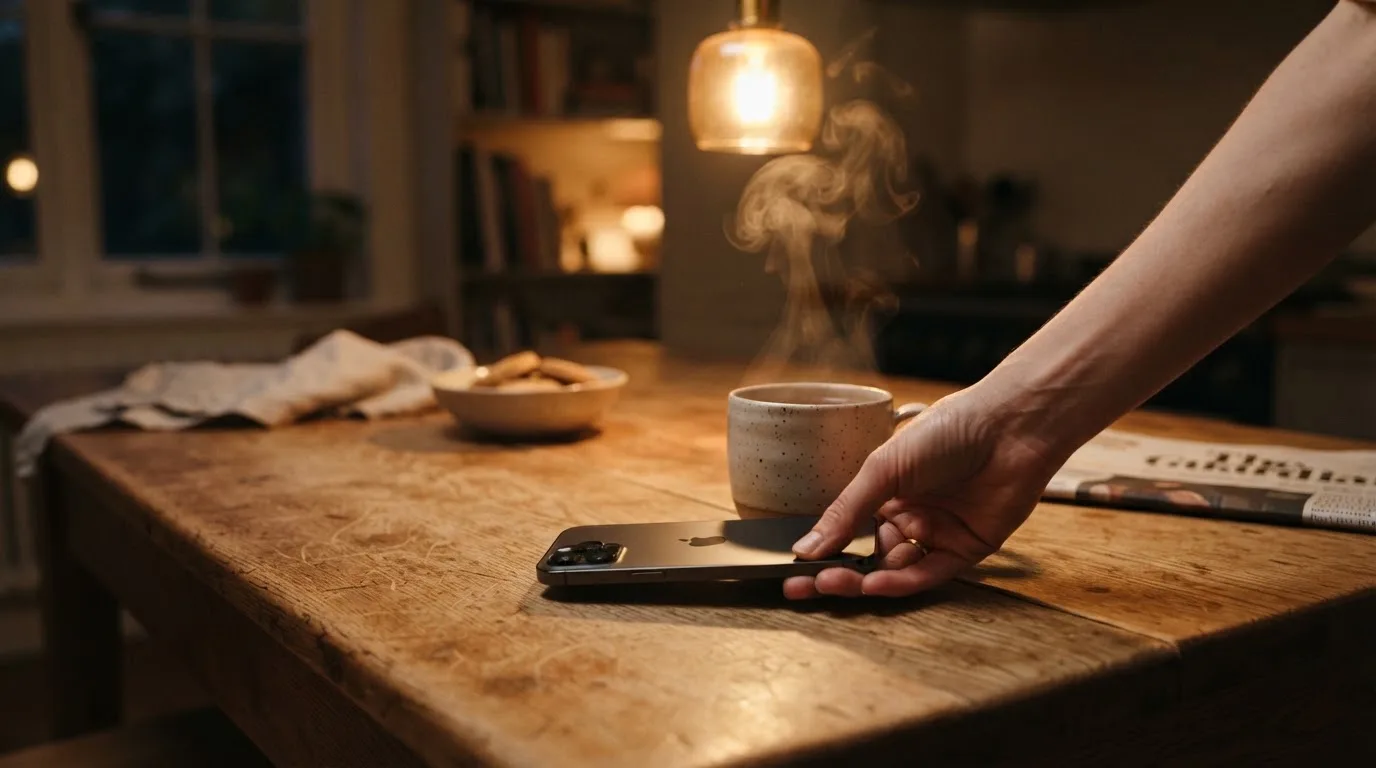 A hand setting a smartphone down beside a cup of tea on a kitchen table on a quiet evening