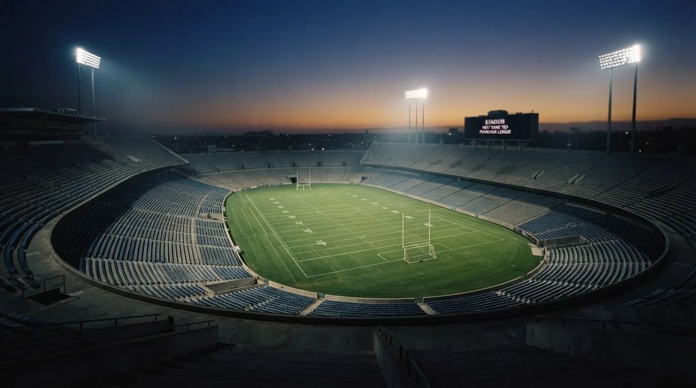 An empty football stadium with floodlight masts at dusk