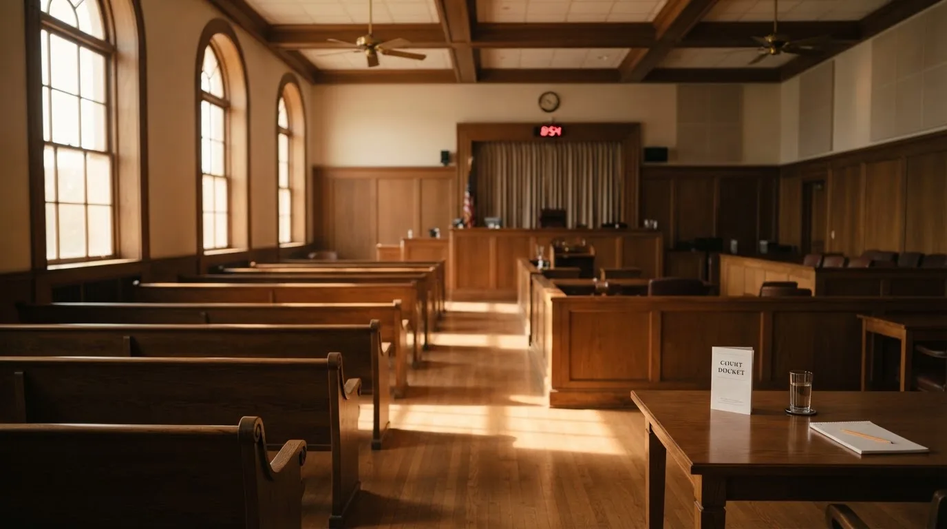 An empty courtroom with wooden benches in morning light