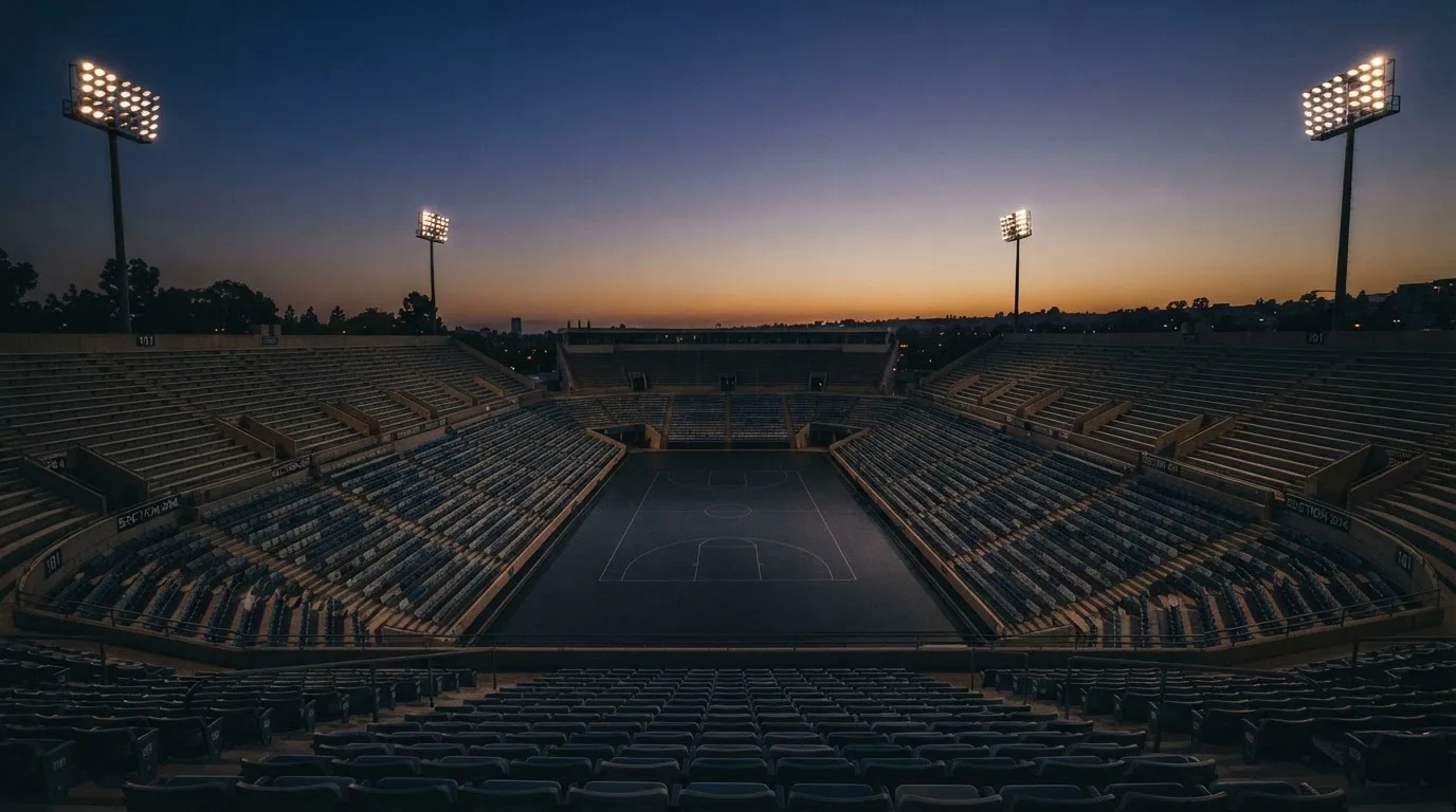 An empty football stadium with floodlight masts at dusk