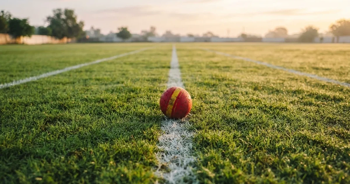 A ball on the centre spot of a grass pitch in morning light