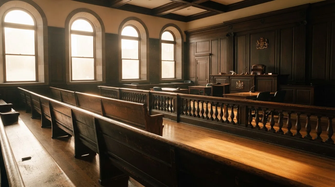 An empty courtroom with wooden benches in morning light