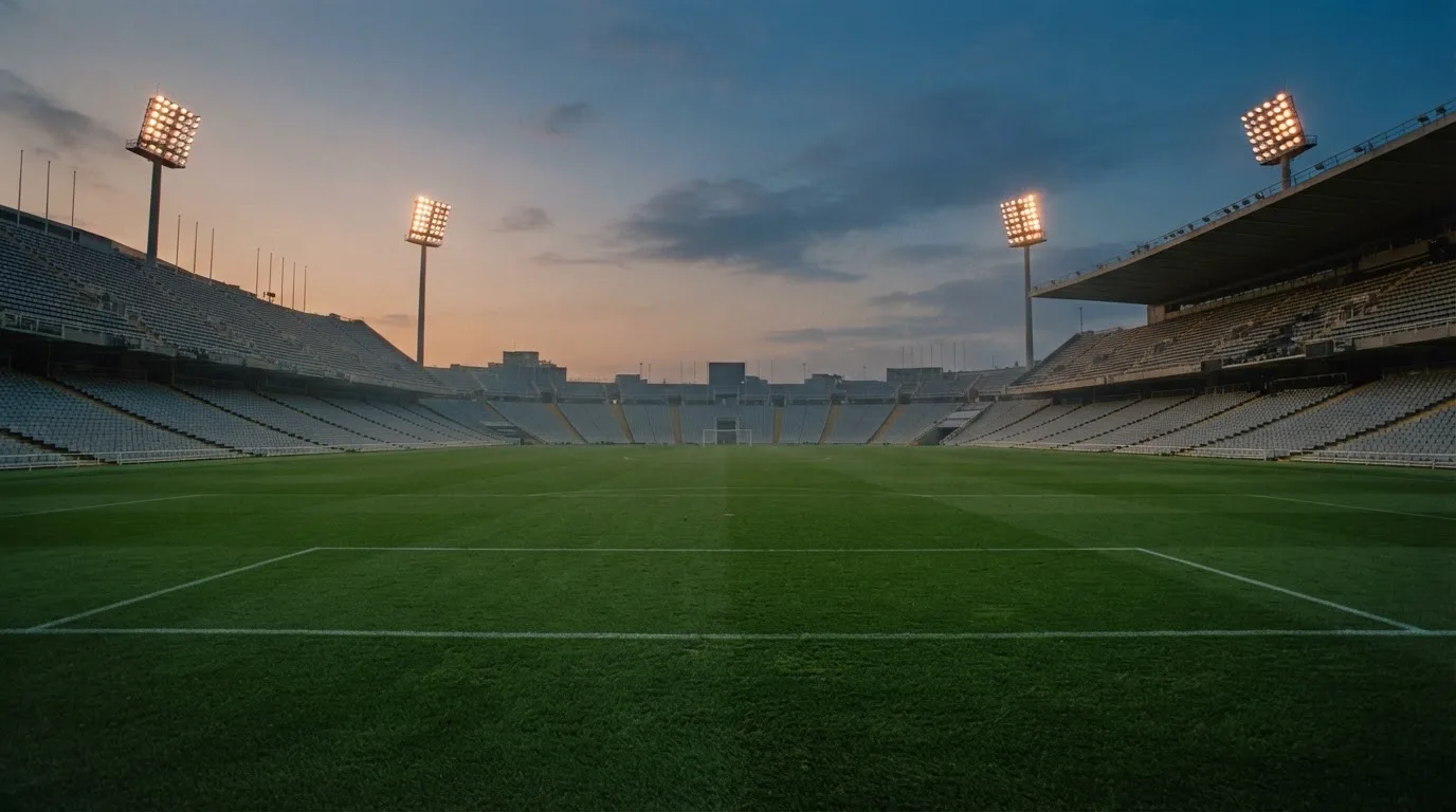 An empty football stadium with floodlight masts at dusk
