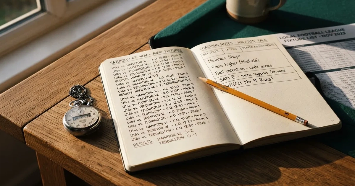 An open notebook with a pencil and a stopwatch on a wooden table