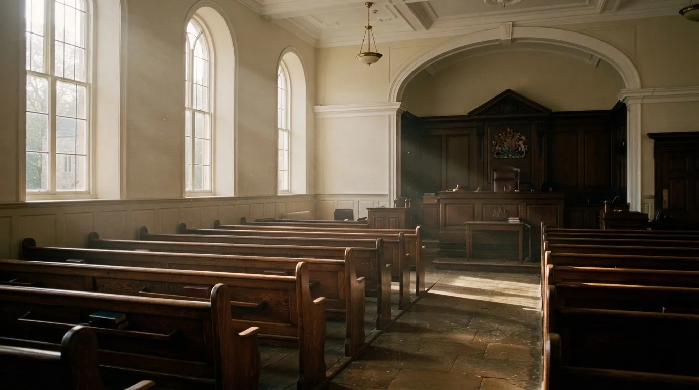 An empty courtroom with wooden benches in morning light