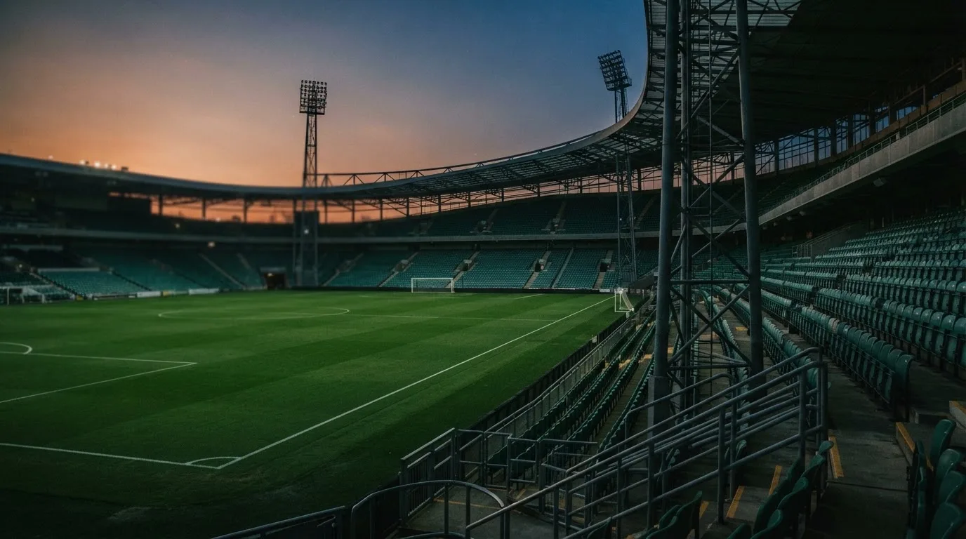 An empty football stadium with floodlight masts at dusk