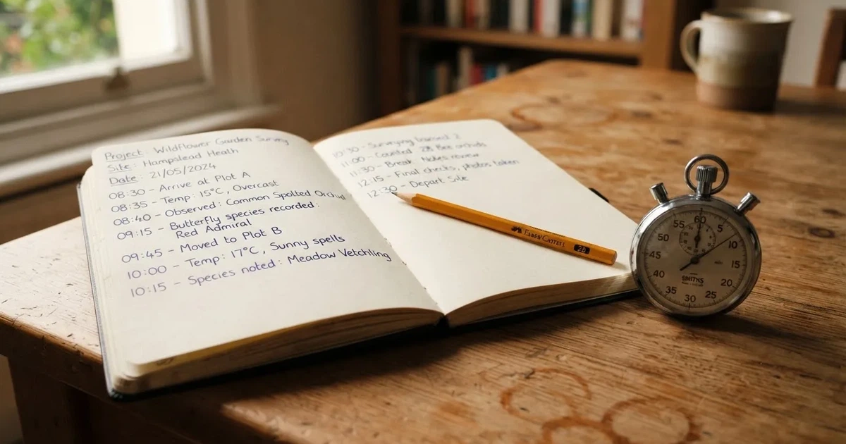 An open notebook with a pencil and a stopwatch on a wooden table