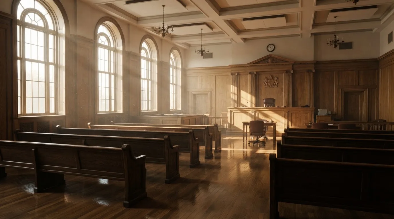 An empty courtroom with wooden benches in morning light