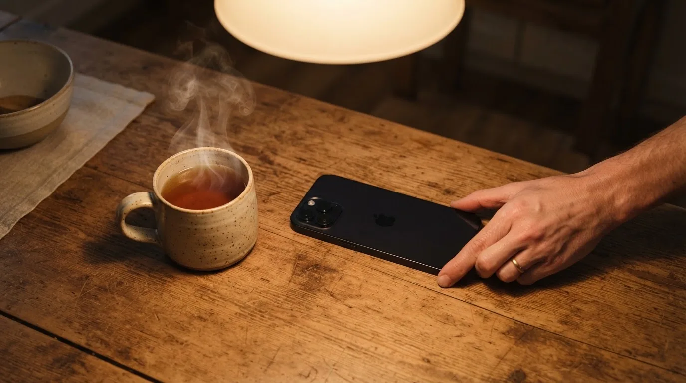 A hand setting a smartphone down beside a cup of tea on a kitchen table on a quiet evening