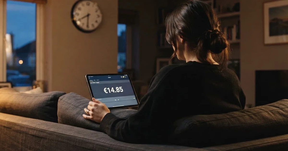 A person on a sofa looking thoughtfully at a tablet, a wall clock in the background