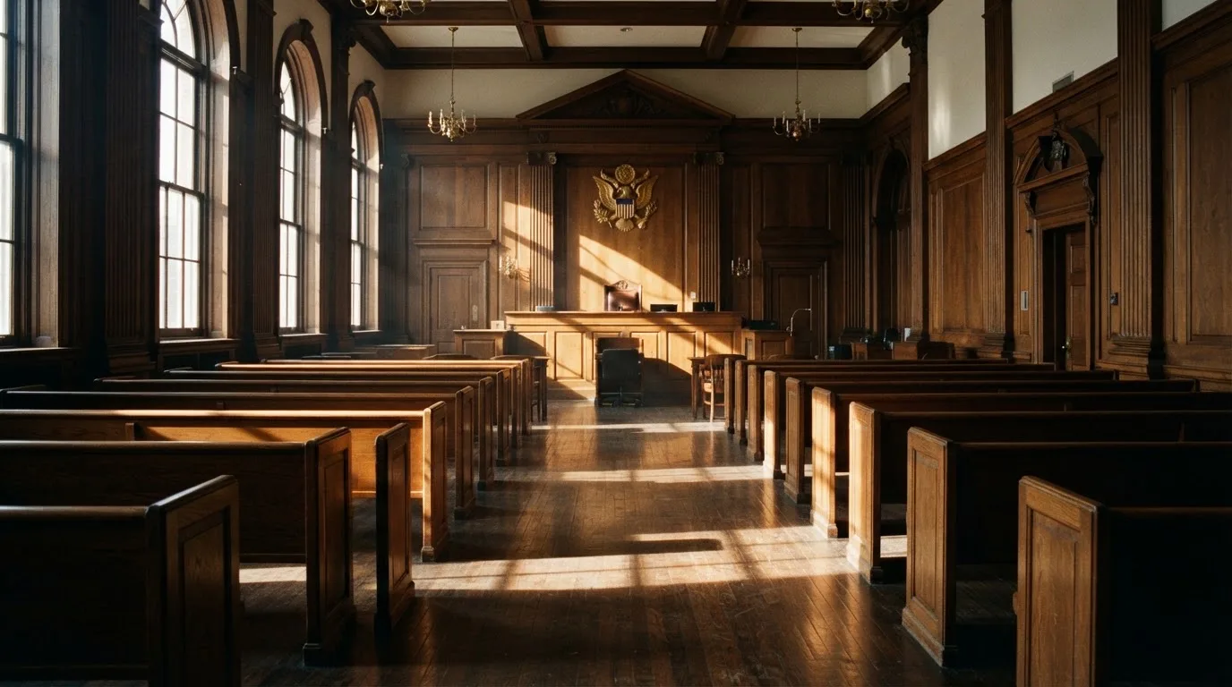 An empty courtroom with wooden benches in morning light