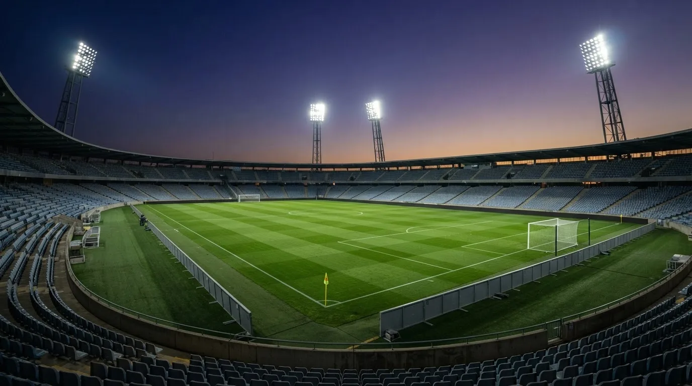 An empty football stadium with floodlight masts at dusk