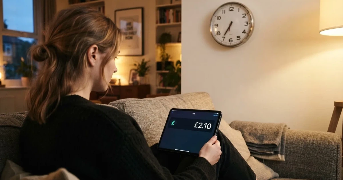A person on a sofa looking thoughtfully at a tablet, a wall clock in the background