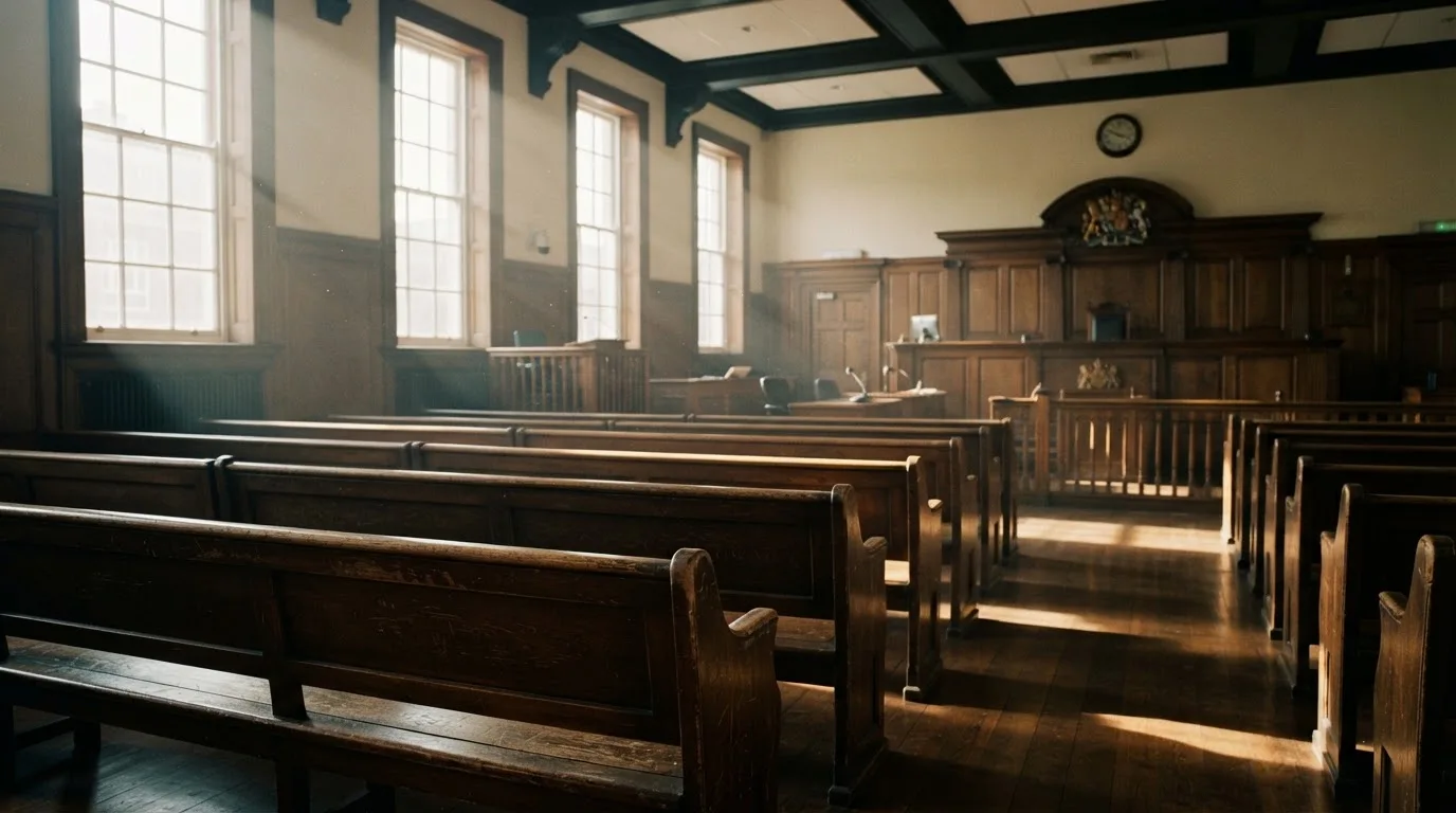 An empty courtroom with wooden benches in morning light