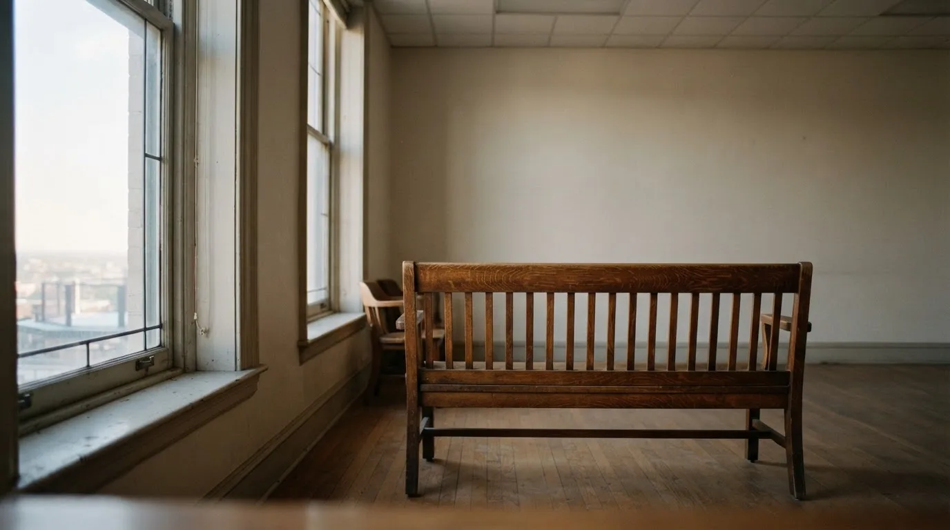 An empty courtroom with wooden benches in morning light