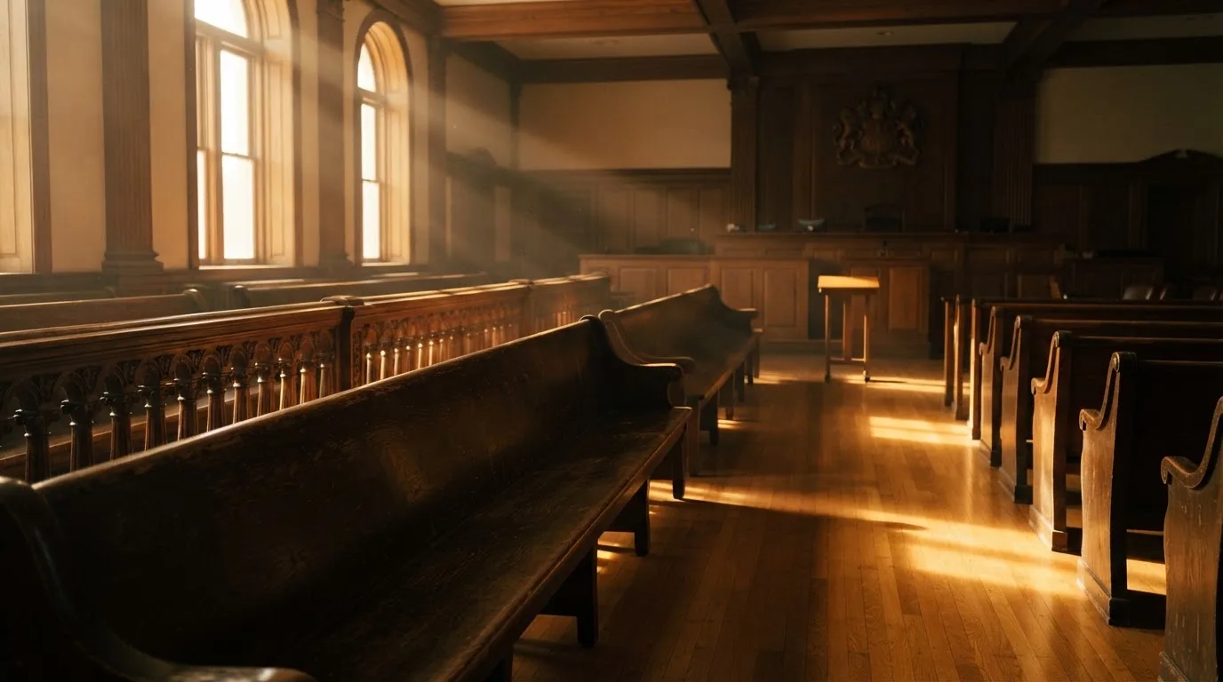 An empty courtroom with wooden benches in morning light
