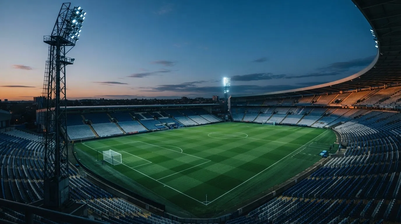 An empty football stadium with floodlight masts at dusk